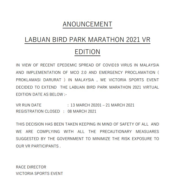 LABUAN BIRD PARK MARATHON 2021 VIRTUAL EDITION
